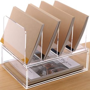 DINGHUO-Acrylic-Desk-Organizer-4-Sections-Upright-Sorter-Desk-Accessories-Paper-File-Organizer-with-Drawer-Letter-Tray-Clear-Office-Supplies