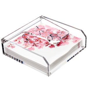 Acrylic Napkin Holder for Table, 7"x7" Clear Luncheon Napkin Holder with Weighted Arm, Flat Kitchen Paper Hand Napkin Dispenser, Suitable for Outdoor & Indoor